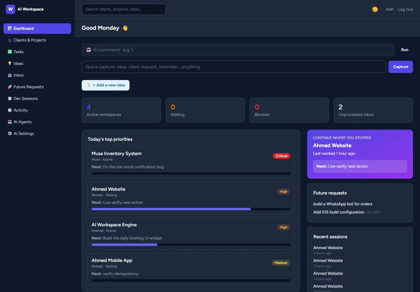 Isah's project dashboard showing clients, priorities, tasks and progress